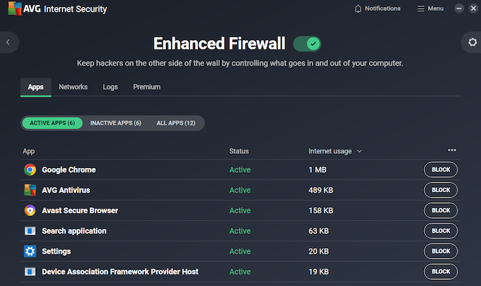 AVG's Enhanced Firewall monitors active and inactive apps on your system.