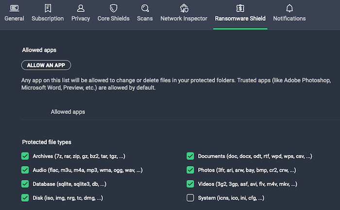 AVG's ransomware shield is enabled by default and lets you choose which types of files can change or delete files on your device.