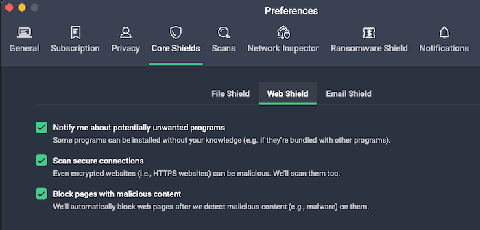 We noticed that AVG turned on all the features for its file shield, web shield, and email shield by default.