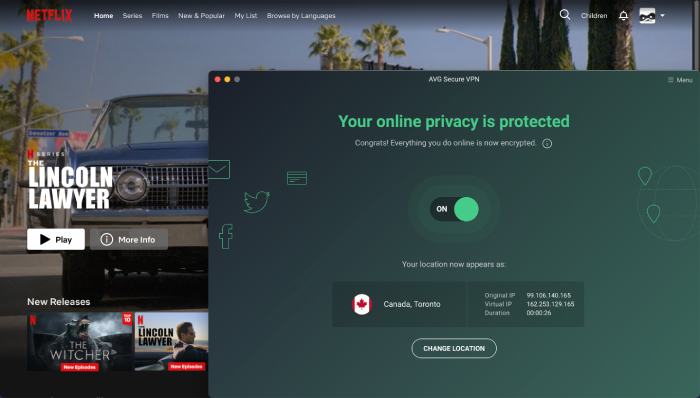 AVG Secure VPN connected to a Canadian server in the foreground and Netflix CA in the background.