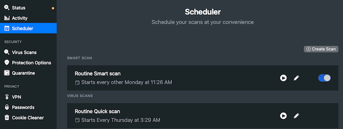 Avira allows you to set up scheduled smart and quick scans.