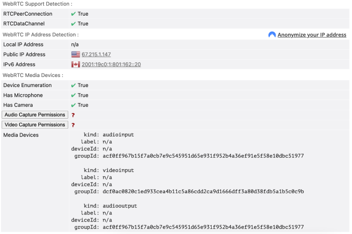 Avira Phantom VPN's WebRTC leak test results.