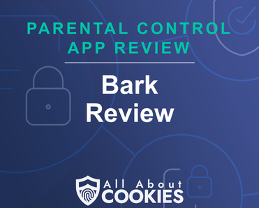 A blue background with images of locks and shields with the text &quot;Bark Review&quot; and the All About Cookies logo. 