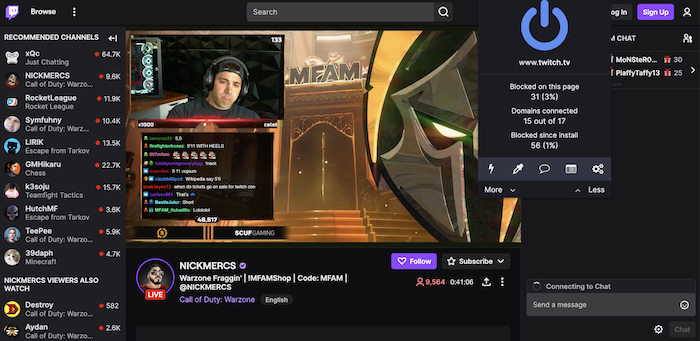 A screenshot of a NICKMERCS Twitch stream with uBlock Origin turned on.