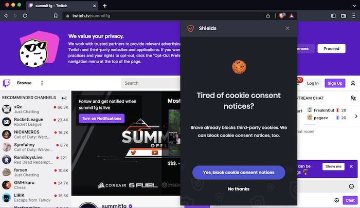We used Brave browser to block ads and cookie trackers on Twitch.