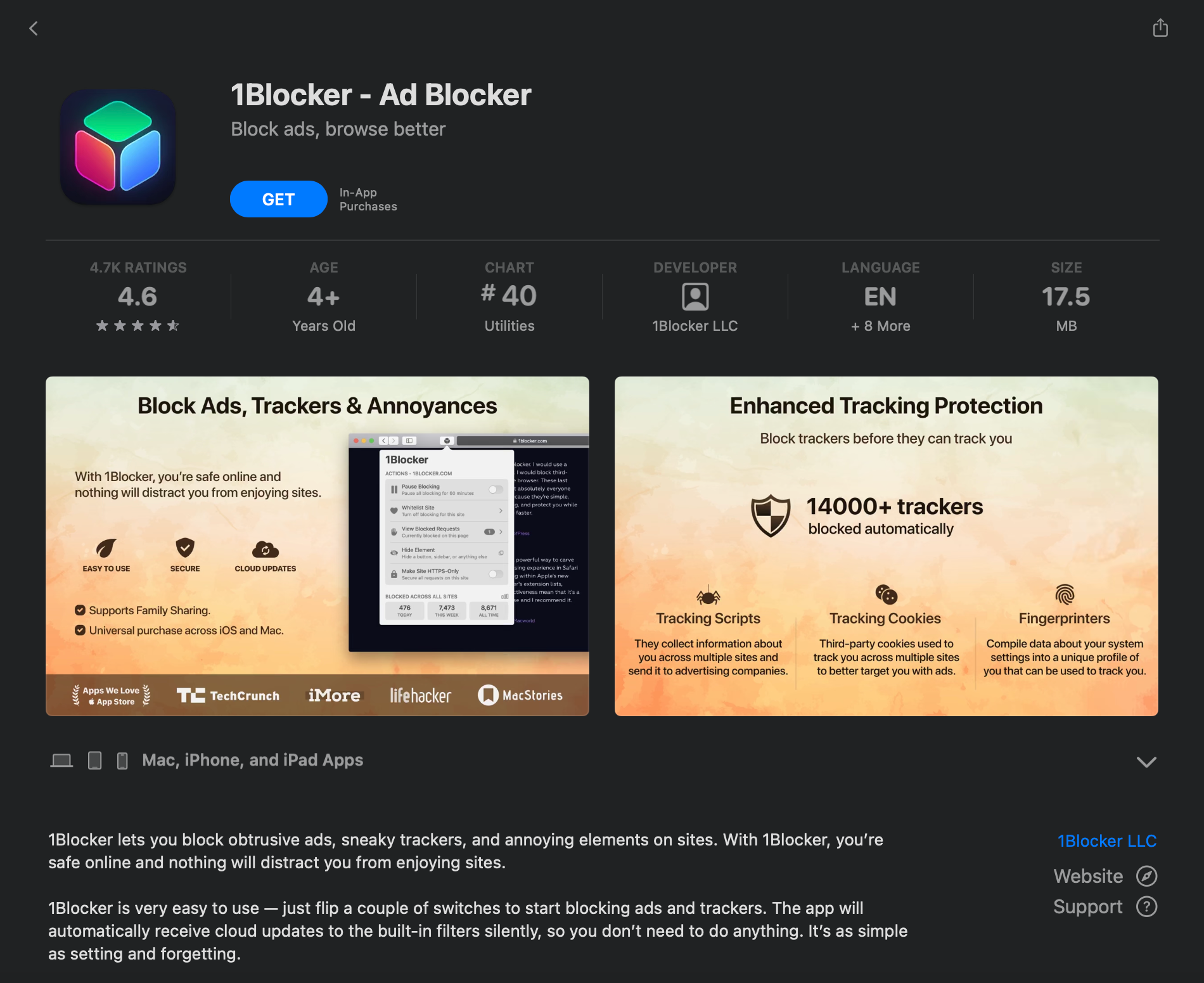 The Apple App Store page for 1Blocker - Ad Blocker.