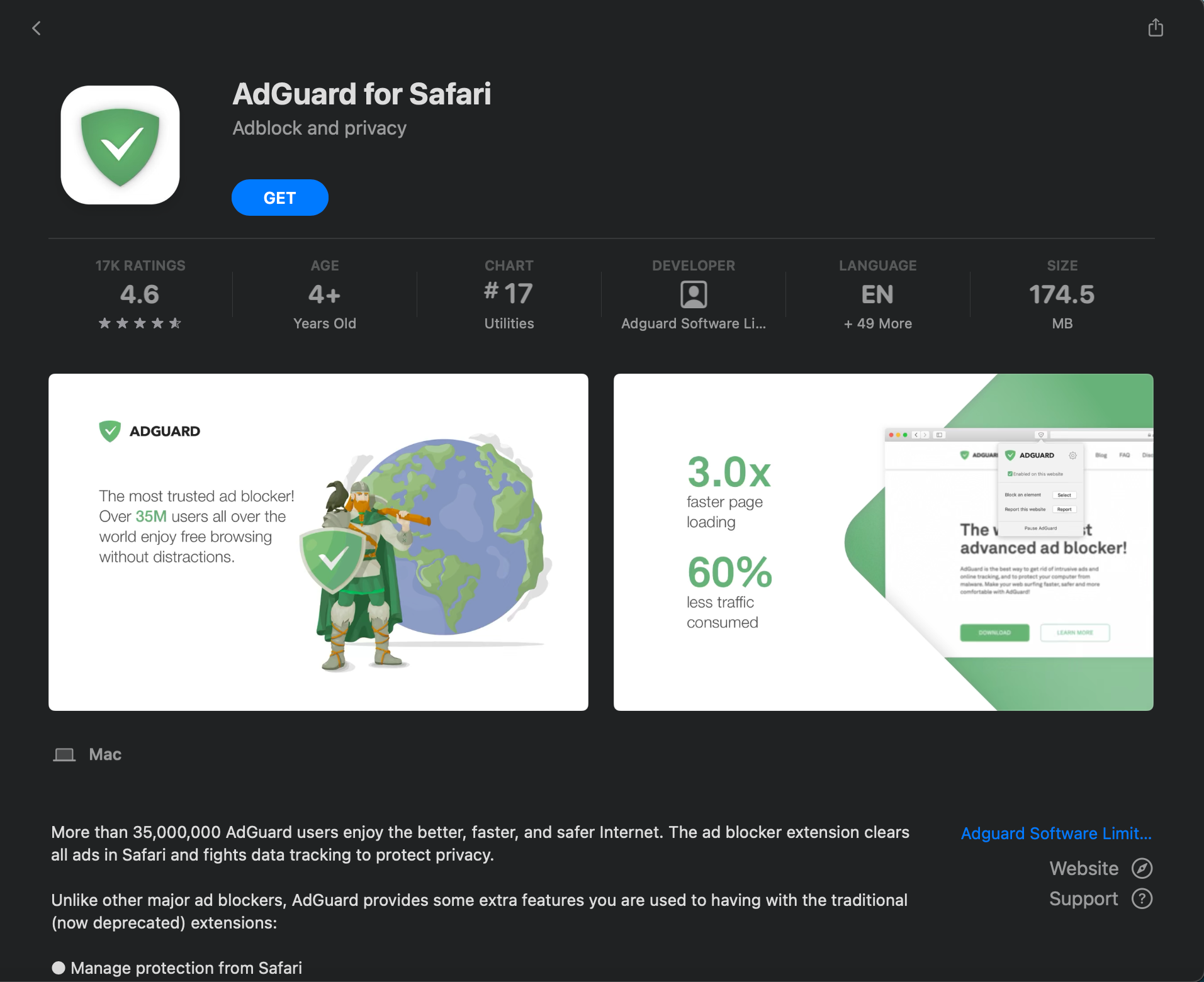 The Apple App Store page for AdGuard for Safari.