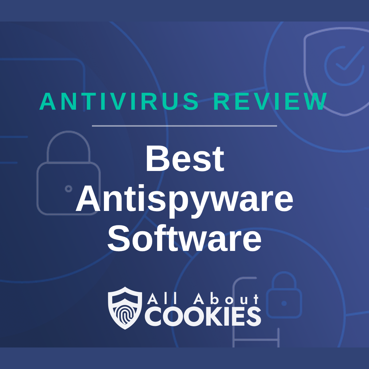 Blue background with text reading &quot;Antivirus Review Best Antispyware Software&quot; and the All About Cookies logo.