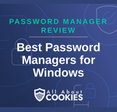 A blue background with images of locks and shields with the text &quot;Best Password Managers for Windows&quot; and the All About Cookies logo. 