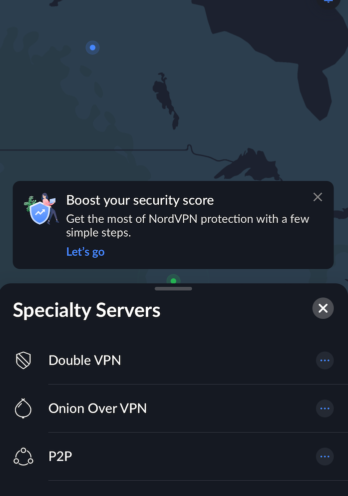 We like that NordVPN's specialty servers are easy to access from the iPhone app dashboard.