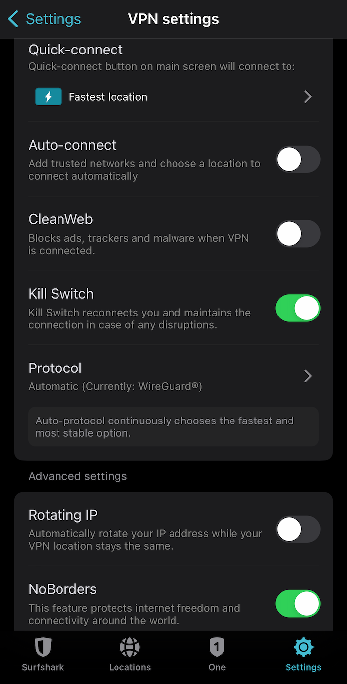 We're impressed by Surfshark's numerous extra features ranging from CleanWeb ad and tracker blocker to a VPN kill switch.