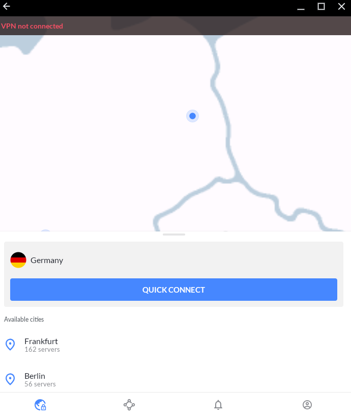 NordVPN's app listing its server locations in Germany.