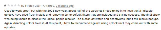 A bad user review for uBlock Origin.