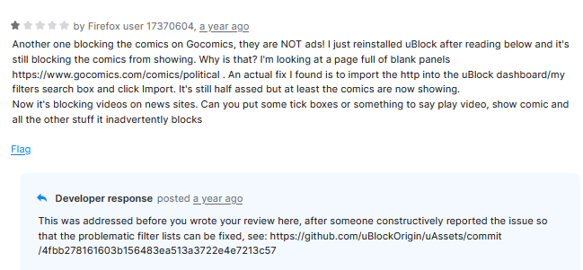A bad review for uBlock Origin along with a comment back from the developer.