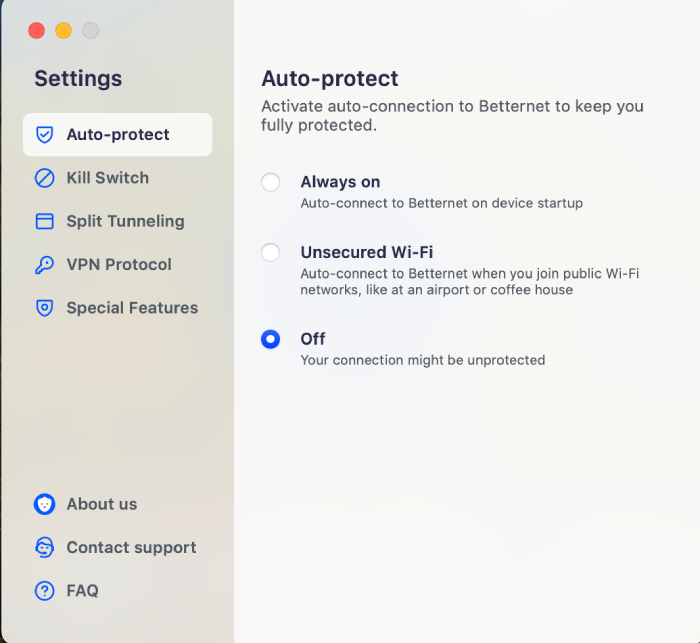 Betternet VPN settings under the auto-protect tab. 