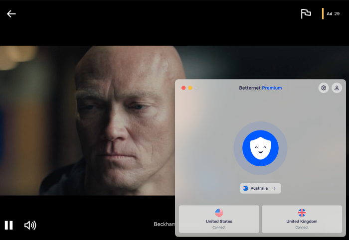 A webpage streaming a Netflix show with the Betternet VPN dashboard open in a smaller window.