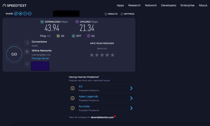 A computer speed test before turning on Betternet VPN.