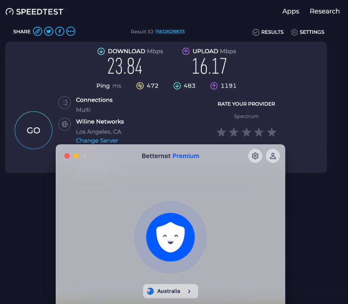 A speed test for Betternet VPN while connected to a U.S. server