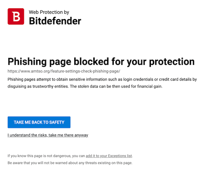 Bitdefender's TrafficLight successfully blocked a web page with phishing scams.