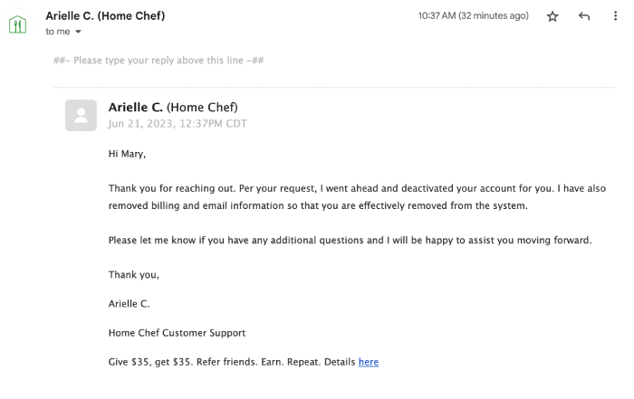Customer support email response from Home Chef stating that the Home Chef account was deleted and information was removed from their system.