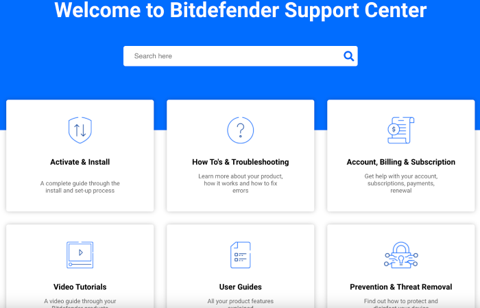 Webpage for the Bitdefender Support Center.