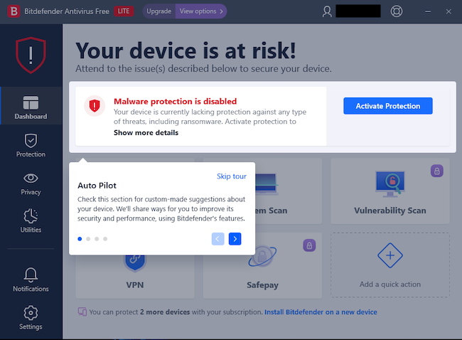 Screenshot of Bitdefender Antivirus Free dashboard showing malware protection is disabled.