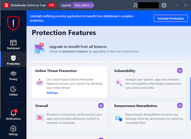 Screenshot of Bitdefender Antivirus Free dashboard showing Protection Features.