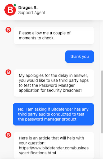 A live chat exchange with Bitdefender Password Manager customer support. 