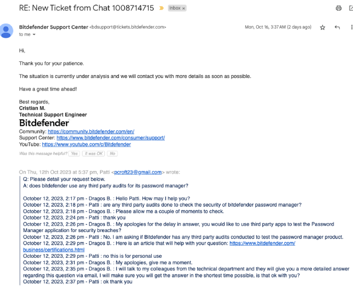 An email exchange with Bitdefender Password Manager's customer support team.
