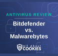 A blue background with images of locks and shields with the text &quot;Bitdefender vs. Malwarebytes&quot; and the All About Cookies logo. 