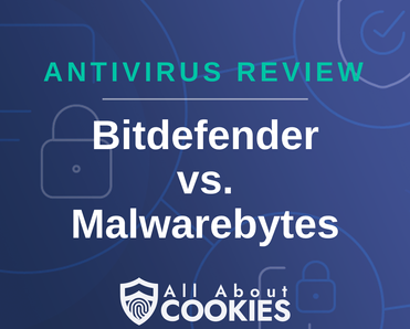 A blue background with images of locks and shields with the text &quot;Bitdefender vs. Malwarebytes&quot; and the All About Cookies logo. 