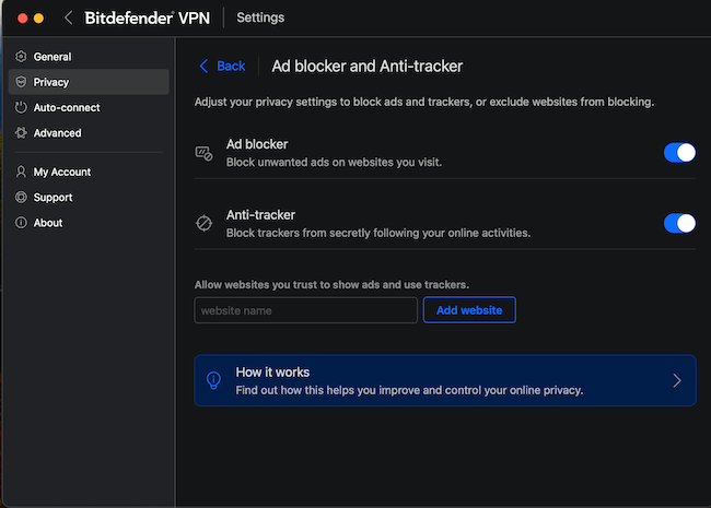 Screenshot of Bitdefender VPN settings.