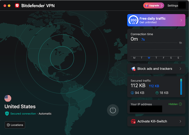 Screenshot of Bitdefender VPN traffic page.