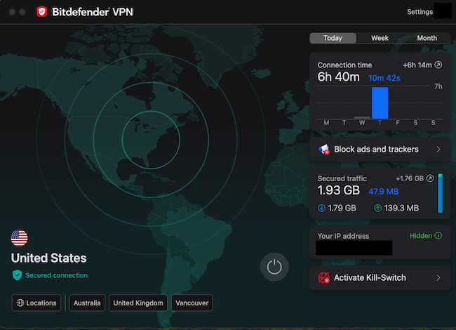 Screenshot of Bitdefender VPN traffic page.