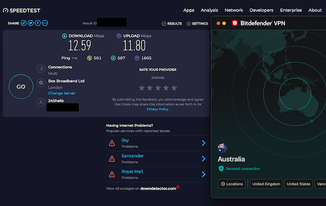 Screenshot of Bitdefender VPN speed test results.