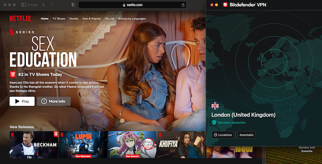 Screenshot of Netflix with Bitdefender VPN.