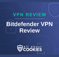 Blue background with text reading &quot;VPN Review Bitdefender VPN Review&quot; and All About Cookies logo underneath.