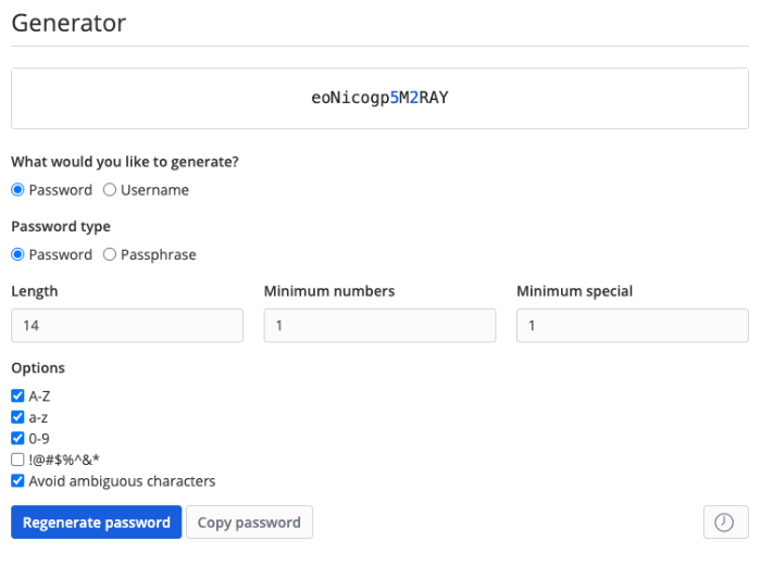 Bitwarden's password generator with options for password type, length, and types of characters.