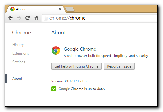 A screenshot of the Chrome browser's About page showing that it's up to date.