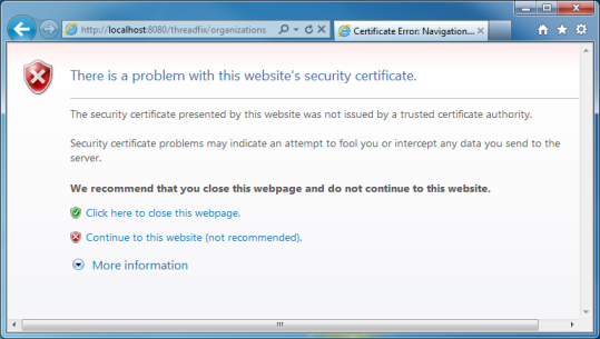 A screenshot of the Internet Explorer web browser alerting the user that there's a problem with the website's security certificate