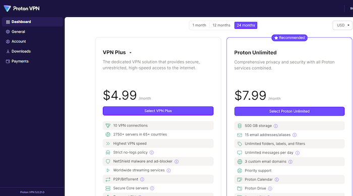 Log into your Proton VPN account dashboard to change your subscription.