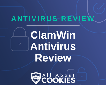 A blue background with images of locks and shields with the text &quot;ClamWin Antivirus Review&quot; and the All About Cookies logo. 