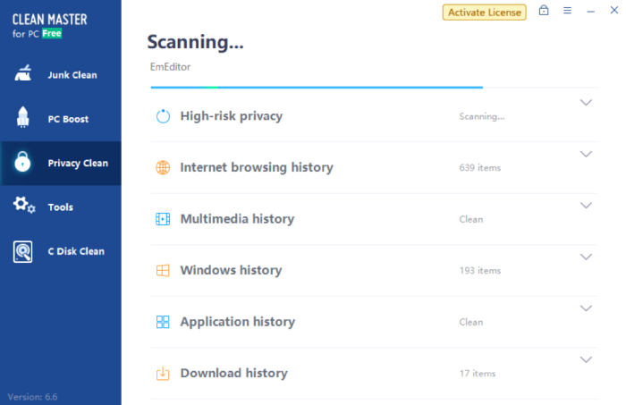 Clean Master scanning a computer for junk, which could includes viruses, ransomware, and even duplicate photos or residual files of uninstalled software.