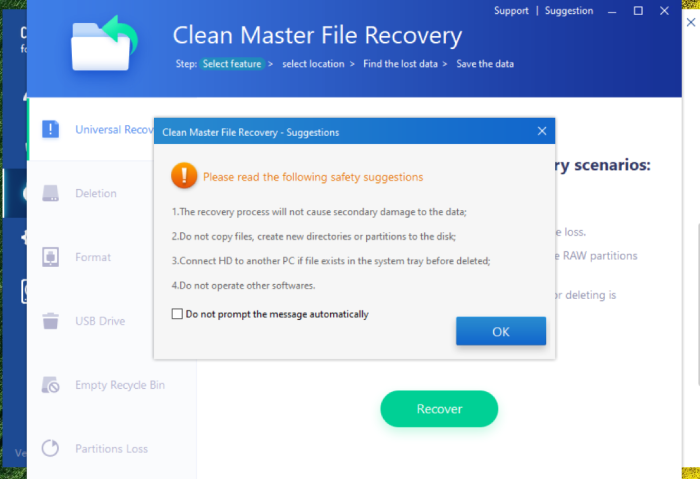 Clean Master's file recovery feature and a pop-up explaining safety suggestions