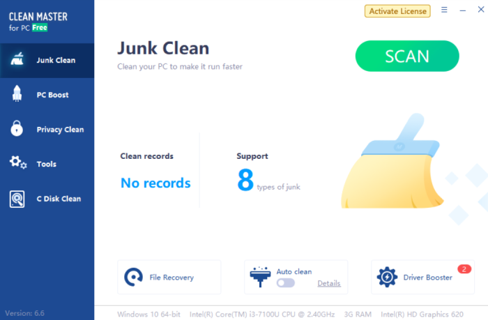 Clean Master's Junk Clean dashboard with analytics for clean records and support.