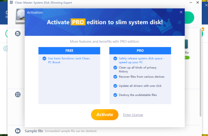 A pop-up from Clean Master prompting the user to activate the Pro edition to slim system disk.