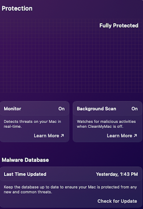 The CleanMyMac X dashboard shows you whether real-time protection is on or not.