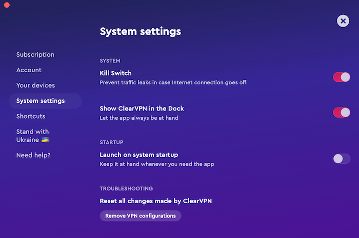 ClearVPN doesn't have split tunneling, but it does have a kill switch.