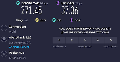 Our ClearVPN speed test results when connected to a U.S. server.