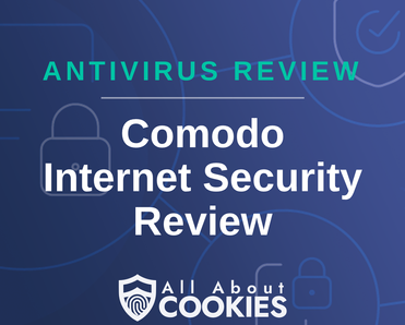 A blue background with images of locks and shields with the text &quot;Comodo Internet Security Review&quot; and the All About Cookies logo. 